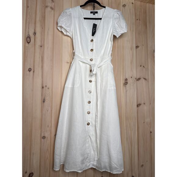 NWT Lulus Sicily Sweetheart White Button-Front Puff Sleeve Midi Dress Size S - Picture 2 of 7